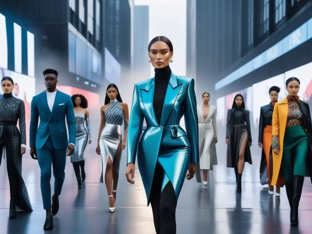 Desfile de moda inclusiva y sostenible en ciudad futurista Un desfile futurista de moda inclusiva y sostenible en una ciudad tecnológica avanzada