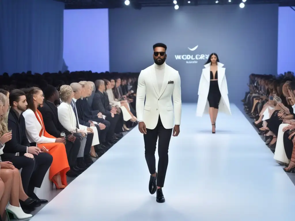 Desfile eco-innovador: moda sostenible en pasarela futurista Desfile futurista de moda inclusiva con modelos de distintos tamaños, edades y etnias luciendo atuendos de textiles inteligentes sostenibles