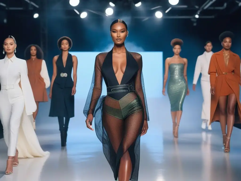 Desfile inclusivo de moda sostenible: diversidad y empoderamiento Un desfile futurista de moda inclusiva y sostenible, donde modelos diversos muestran confianza y empoderamiento