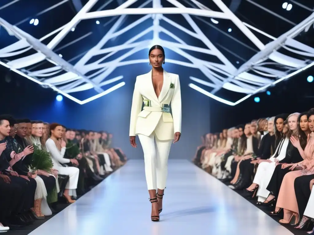 Desfile inclusivo y sostenible: moda futurista en armonía con la naturaleza Desfile futurista de moda inclusiva y sostenible con modelos diversos caminando con confianza