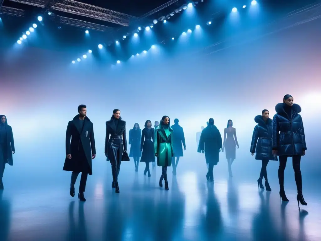 Desfile de moda futurista con tecnología de vanguardia Un desfile futurista de moda inclusiva de alta gama, donde modelos lucen prendas vanguardistas integradas con tecnología