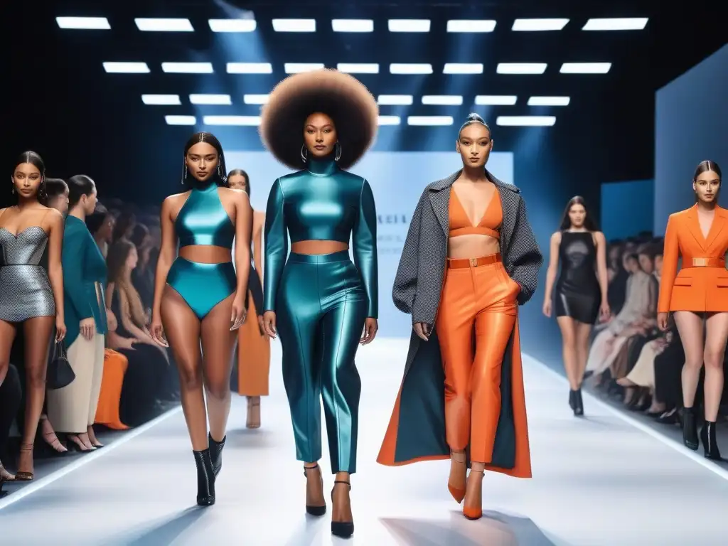 Desfile inclusivo de moda tecnológica: diversidad y vanguardia Un desfile futurista con moda inclusiva para todos cuerpos, donde la diversidad y la tecnología se fusionan en un escenario impactante