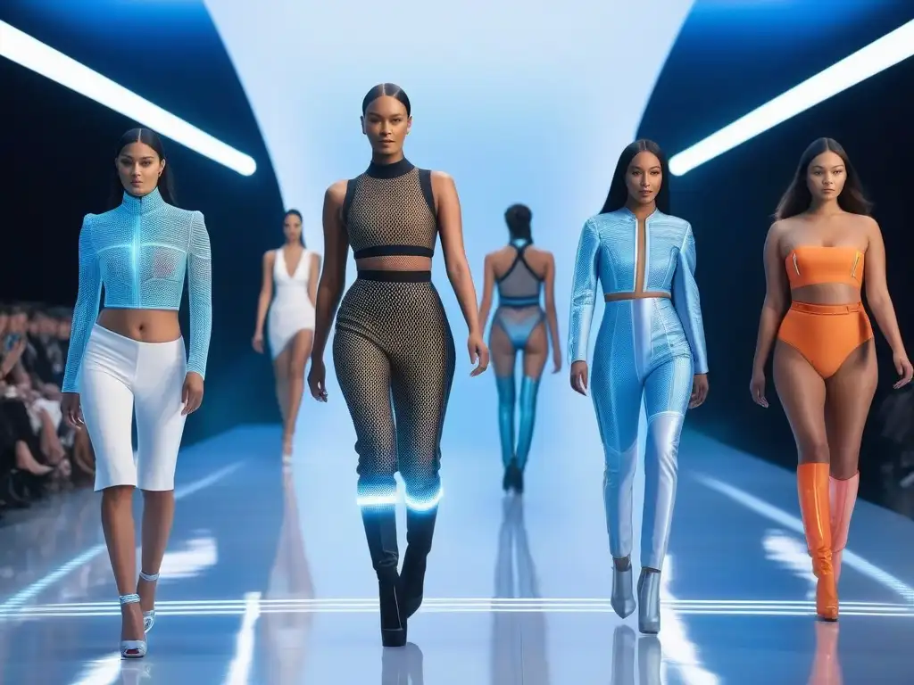 Desfile futurista de moda inclusiva y tecnológica con modelos diversos Desfile futurista con moda inclusiva para todos cuerpos, modelos diversos lucen prendas tecnológicas en pasarela holográfica