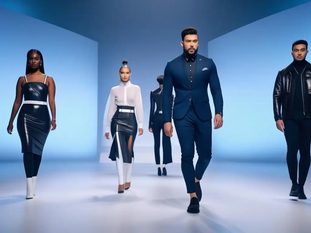 Desfile inclusivo de moda futurista: empoderamiento y tecnología Un desfile futurista de moda inclusiva para todos los cuerpos, etnias y habilidades, con modelos confiados y vanguardistas