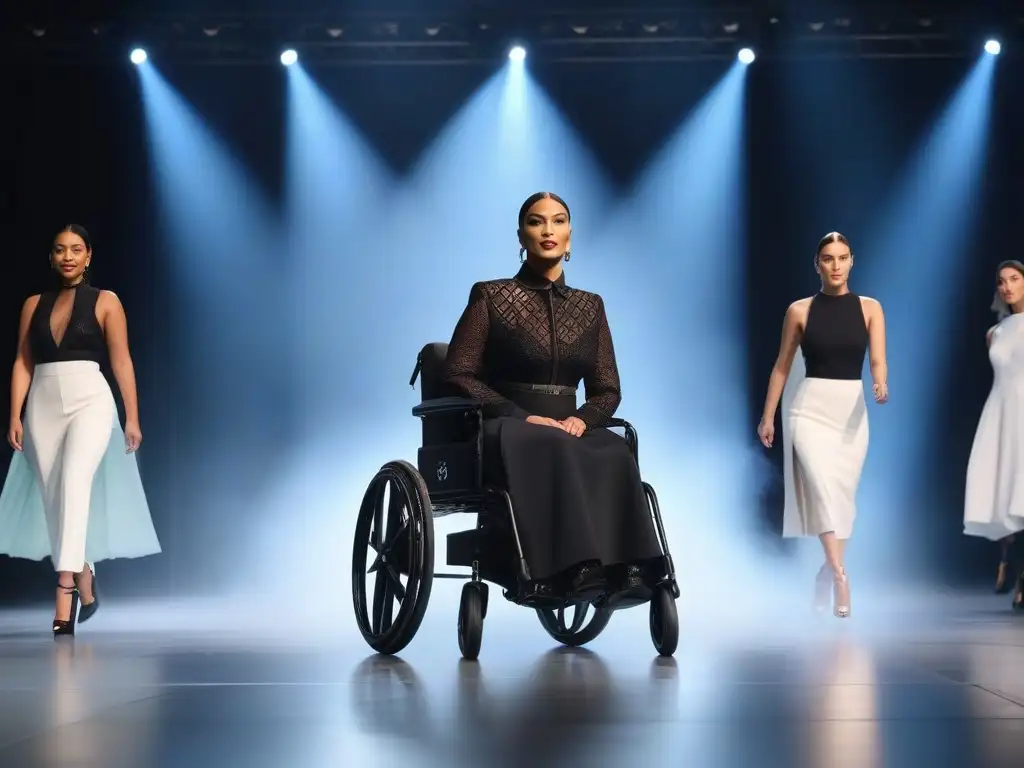 Desfile inclusivo de moda y tecnología para personas con discapacidad Desfile futurista de moda inclusiva para todos, modelos con discapacidad lucen tecnología y estilo