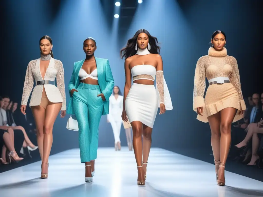 Desfile futurista de moda y tecnología inclusiva Un desfile futurista de moda inclusiva para todas las tallas, donde modelos lucen tecnología wearable de vanguardia con confianza y estilo