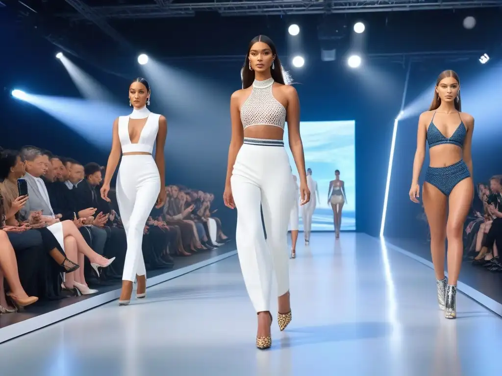 Pasarela del futuro: moda inclusiva y tecnología de vanguardia en 8k Desfile futurista de moda inclusiva para todas las tallas en pasarela iluminada con tecnología vanguardista