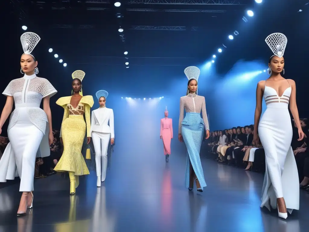 Desfile futurista de moda inclusiva y vanguardista Un desfile futurista de moda inclusiva con impresión 3D, donde modelos diversos lucen prendas vibrantes y vanguardistas