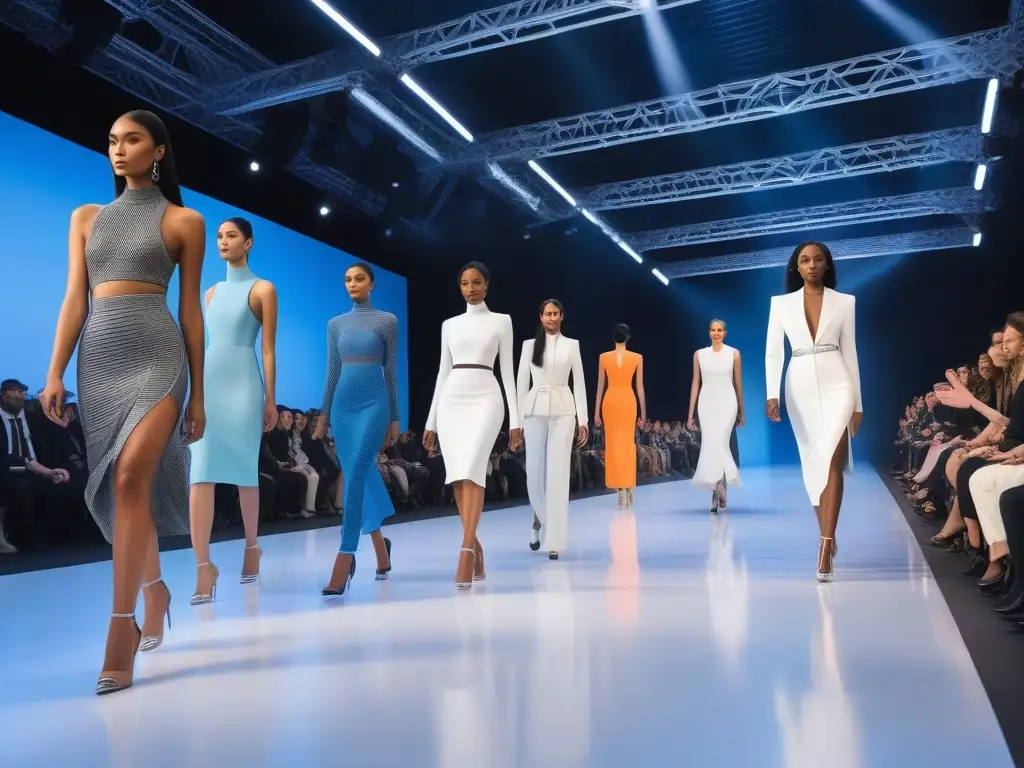 Moda inclusiva y tecnología 3D: desfile futurista Desfile futurista de moda inclusiva con impresión 3D en pasarela, modelos empoderados y espectadores diversos