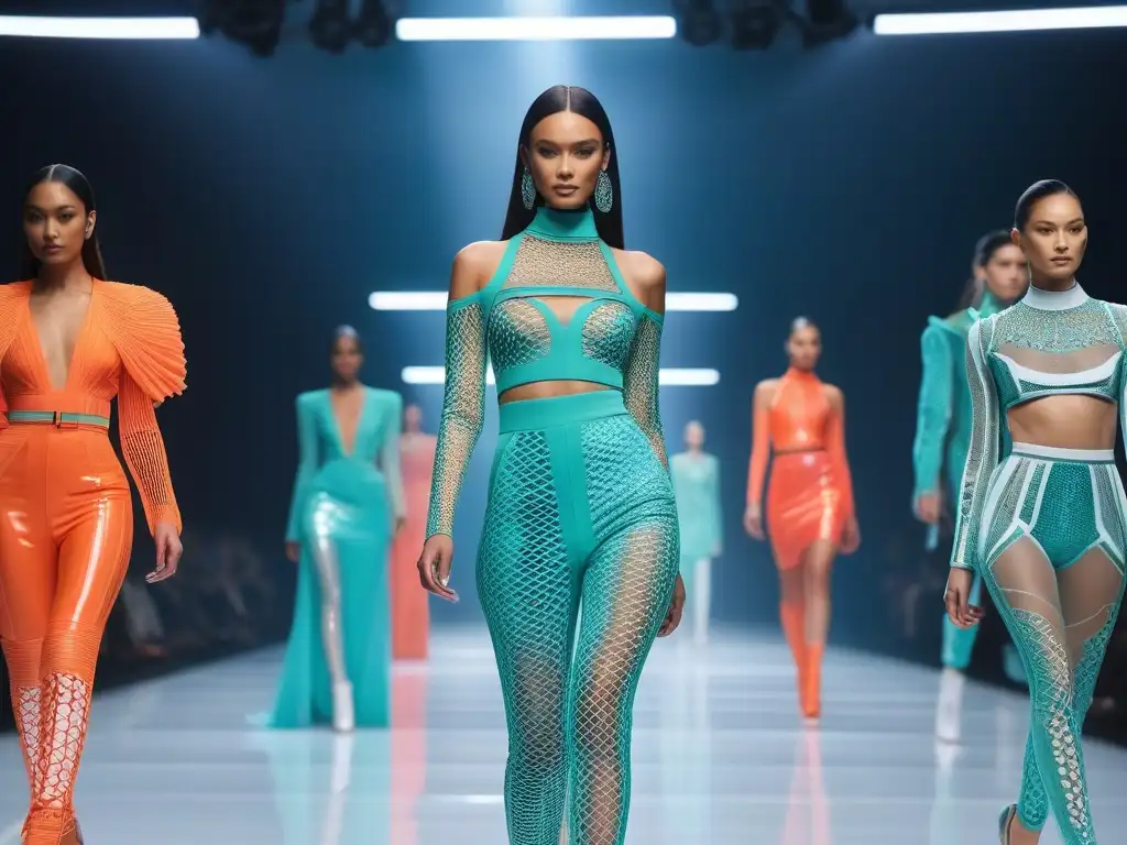 Desfile futurista de modelos con atuendos 3D impresos Desfile futurista de moda inclusiva con impresión 3D: modelos únicos, colores vibrantes y patrones diversos en pasarela holográfica