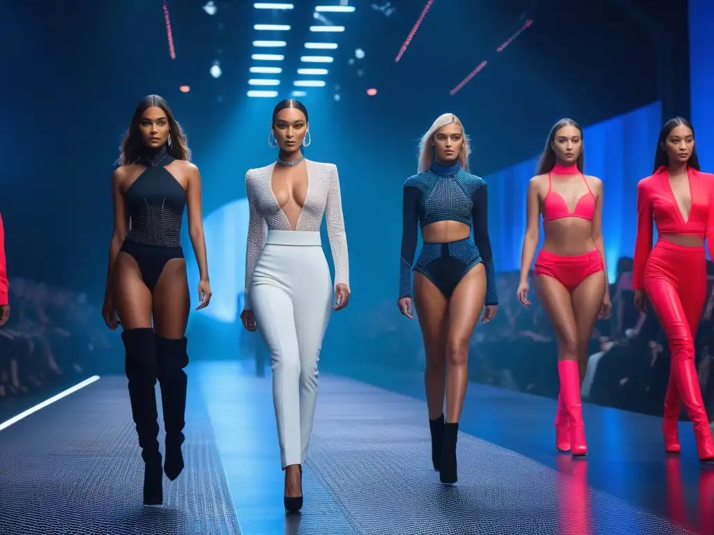 Desfile futurista: moda y tecnología en diversidad Desfile futurista con moda inclusiva para todas las tallas, modelos diversos caminando con estilo y empoderamiento