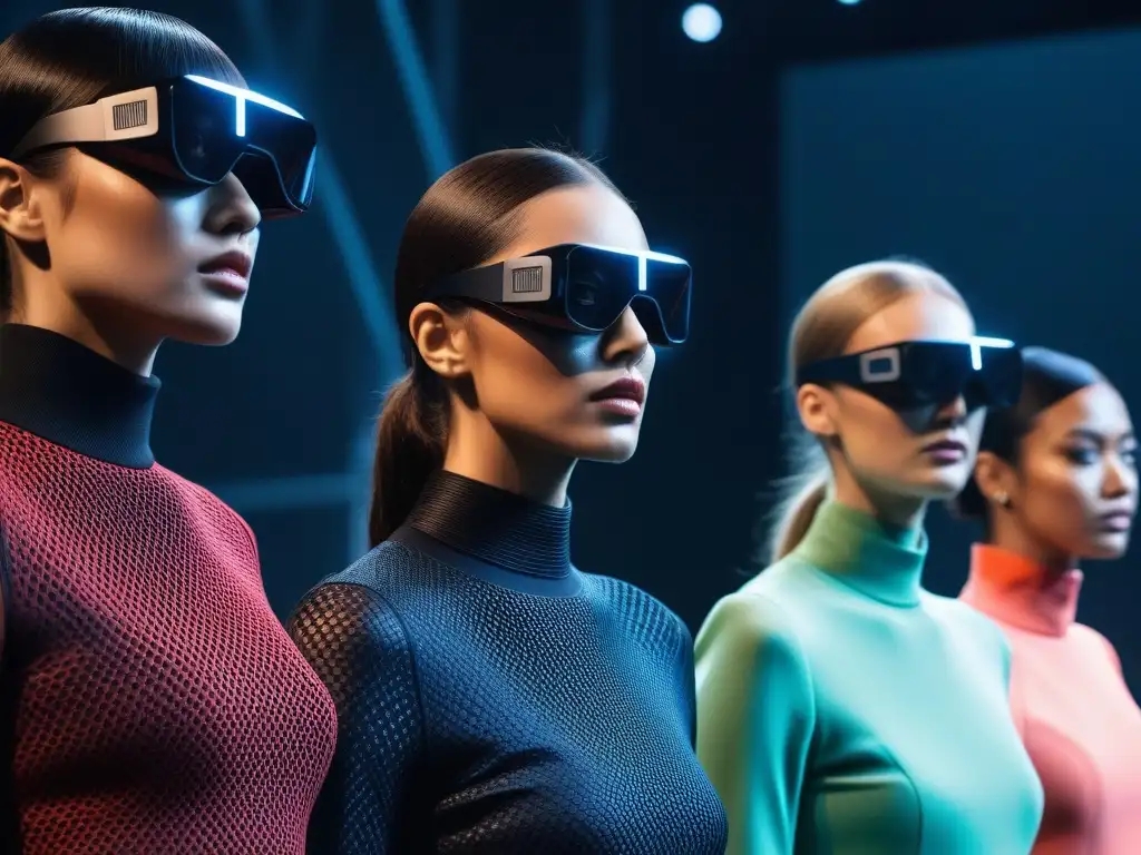 Desfile futurista de moda con AR: innovación y estilo Un desfile futurista de moda inclusiva con modelos usando gafas de realidad aumentada, proyectando un mundo virtual fascinante en la pasarela