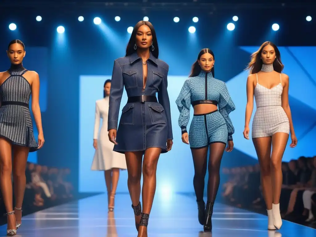 Desfile futurista de moda petite: tecnología y estilo en armonía Desfile futurista de moda Petite inclusiva con modelos confiadas y diseños vanguardistas, iluminado y tecnológico