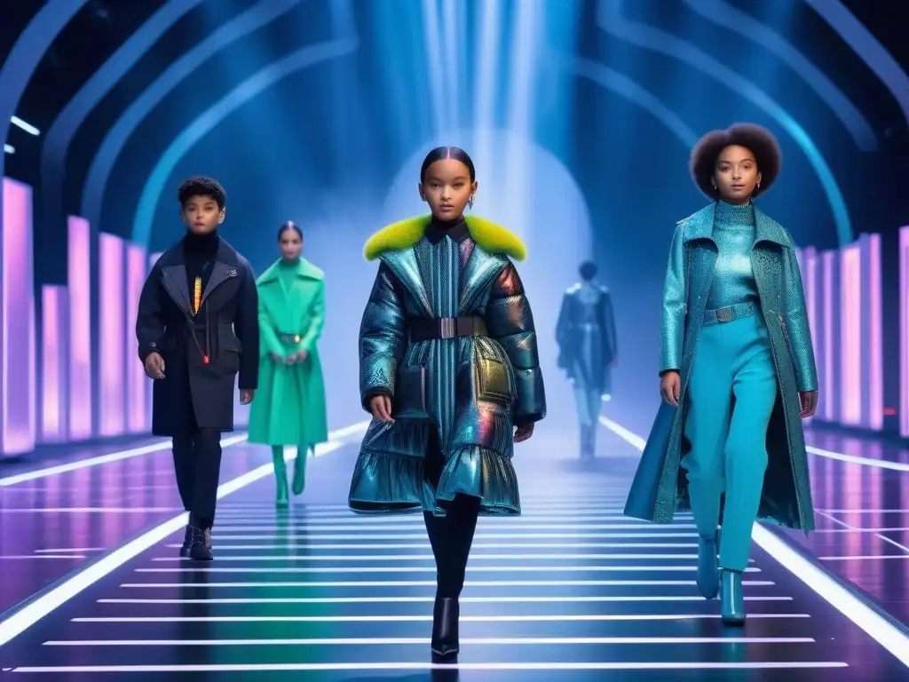 Desfile futurista de moda infantil sostenible y vanguardista Un desfile futurista de moda infantil con diseños innovadores y sostenibles
