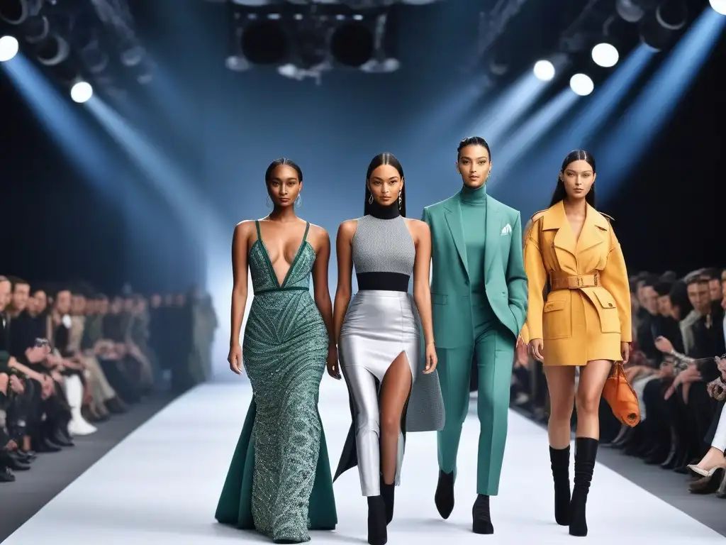 Desfile ecoinnovador: moda inclusiva y sostenible en la pasarela futurista Un desfile futurista de moda con modelos en prendas ecofriendly de textiles reciclados