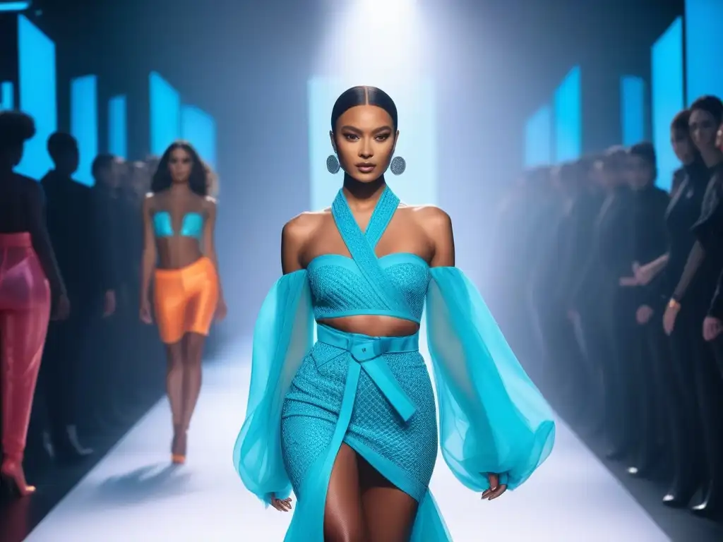 Desfile futurista de moda: diversidad y vanguardia en la pasarela Desfile futurista de moda con modelos diversos en ropa adaptativa para todos cuerpos, iluminado con luces de neón