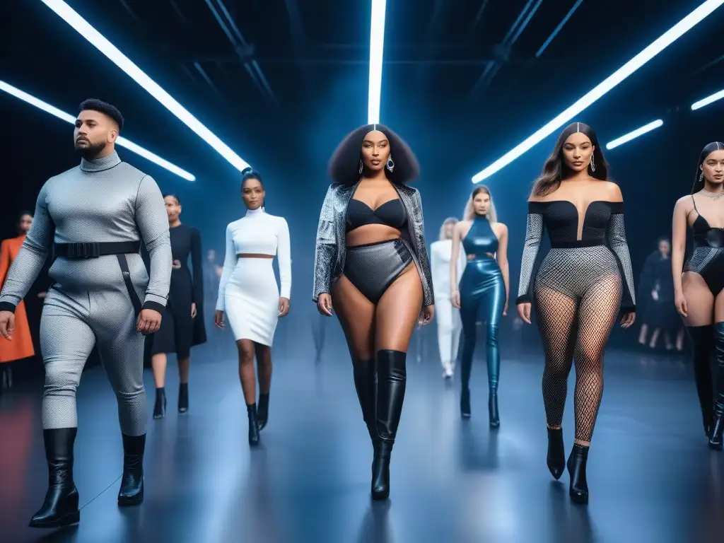 Desfile inclusivo: moda, diversidad y futuro Desfile futurista de moda con modelos diversos y redes sociales capturando el momento