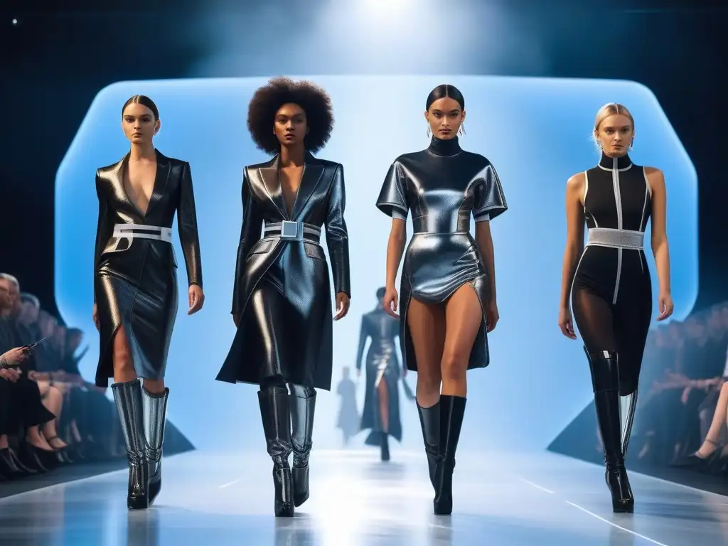 Desfile futurista de moda unisex en 3D: Vanguardia y estilo Desfile futurista con moda unisex con impresión 3D en pasarela iluminada
