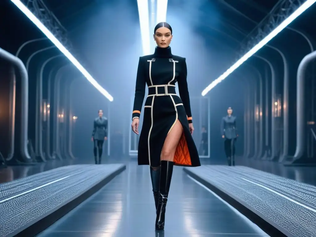 Desfile futurista de moda petite: innovación y estilo en alta resolución Desfile futurista de moda petite en un espacio industrial-chic