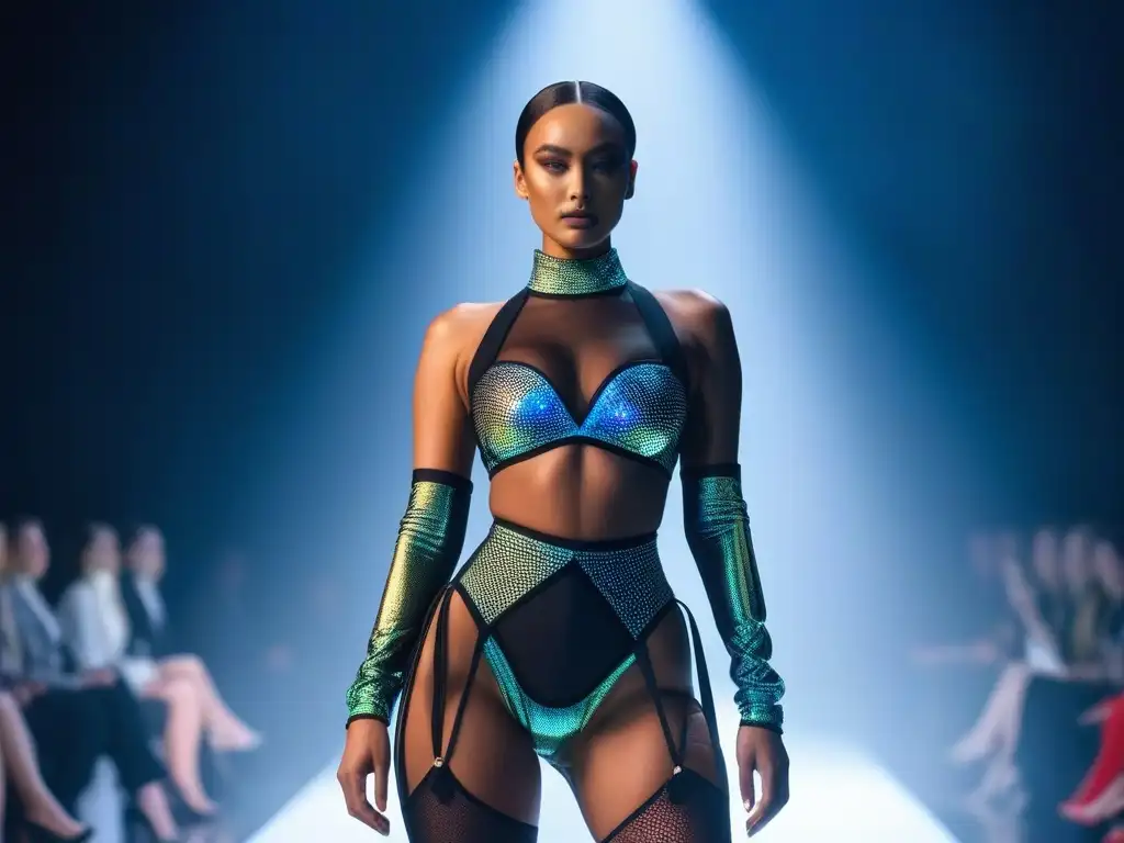 Pasarela futurista: moda sostenible para todos los cuerpos Desfile futurista de moda sostenible para todos cuerpos, empoderamiento y diversidad en pasarela holográfica