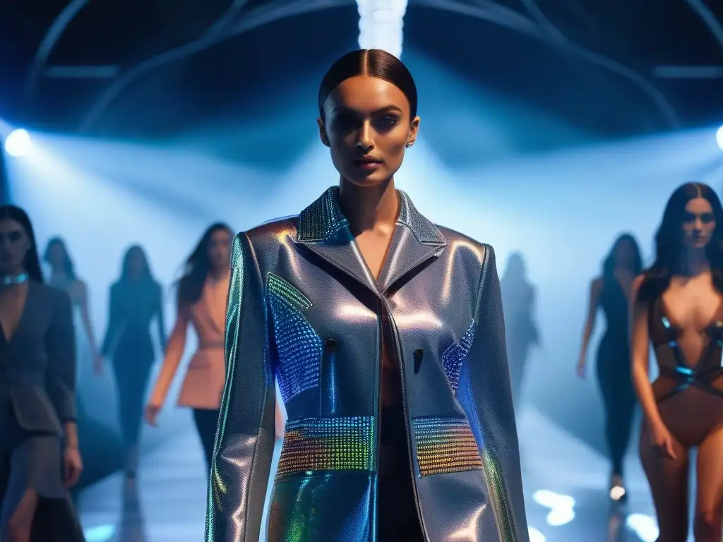 Desfile futurista de moda sostenible en pasarela holográfica Desfile futurista de moda sostenible con certificaciones greenwashing en una pasarela llena de hologramas y luces LED ecofriendly