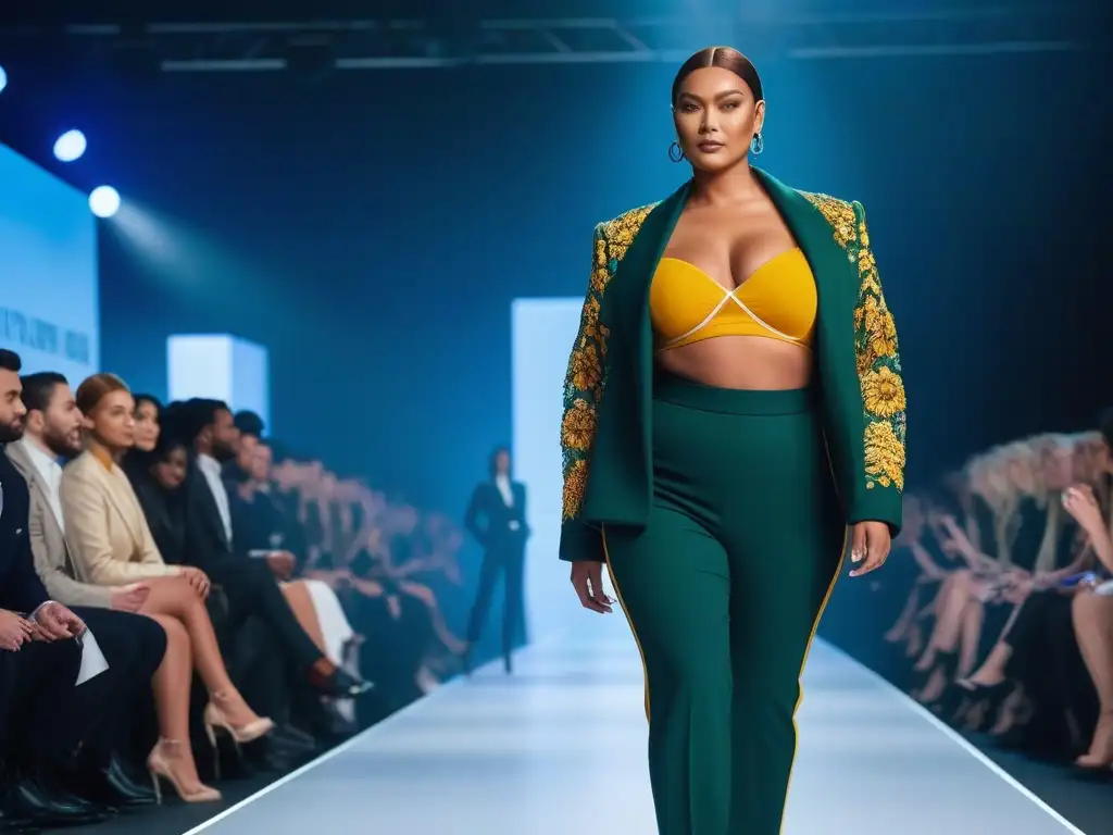 Desfile futurista de moda sostenible y diversidad corporal Un desfile futurista de moda sostenible para diferentes tallas, con mensajes de inclusividad y positividad corporal