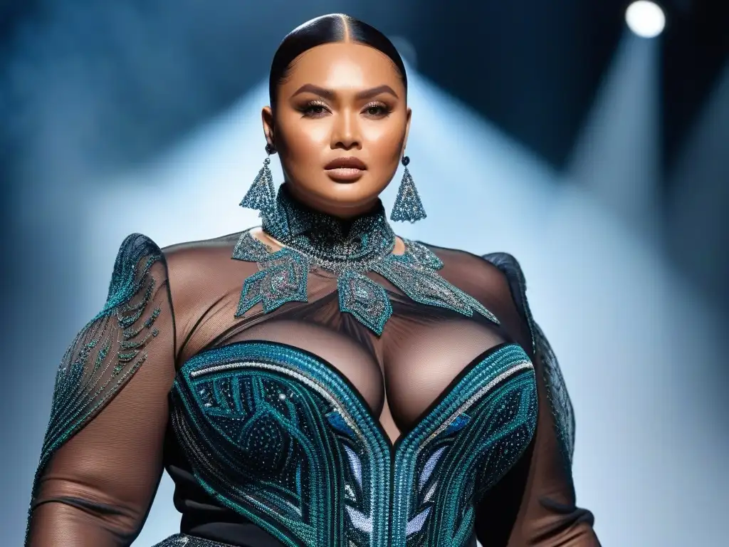 Fashion futurista: Modelo curvy deslumbra en pasarela 3D Desfile futurista de moda plus size con impresión 3D: modelo deslumbrante y vestido geométrico, iluminado en tonos iridiscentes