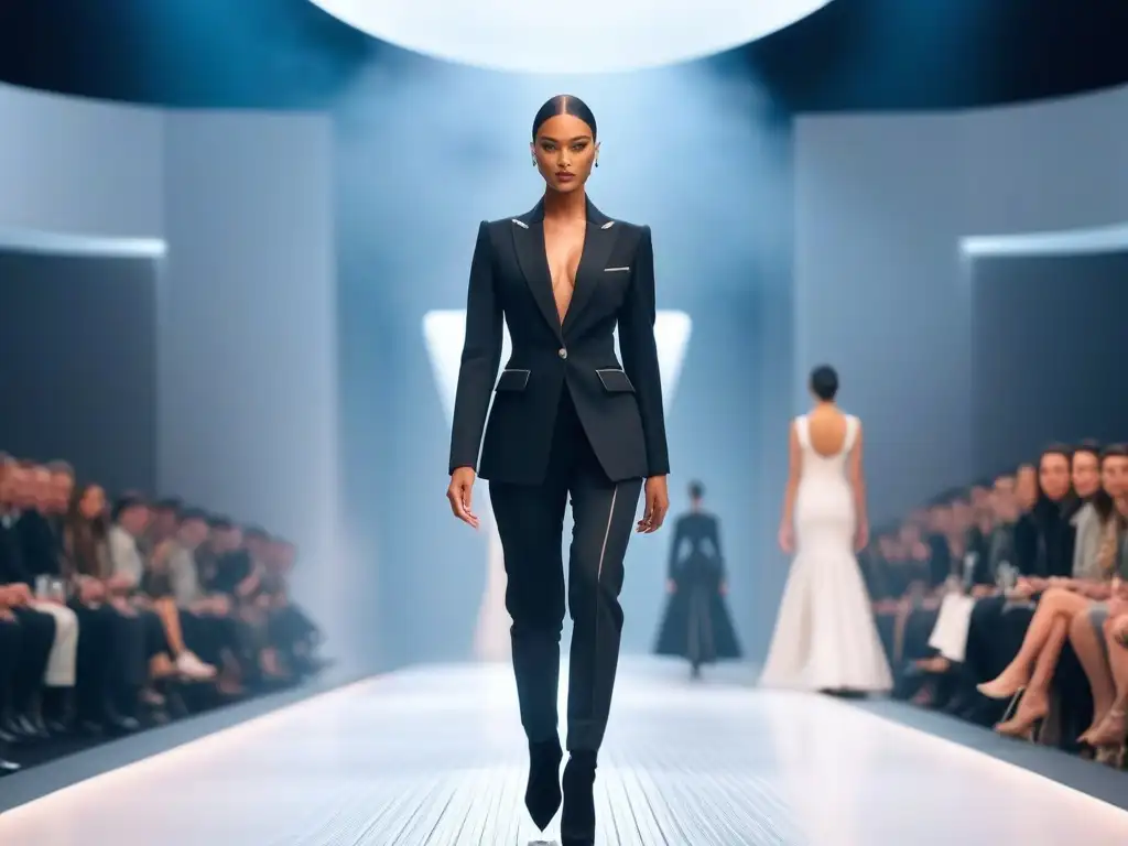 Modelo petite deslumbra en pasarela futurista con moda vanguardista Un desfile futurista donde la modelo petite muestra una moda audaz, impactando la percepción de la altura en la moda