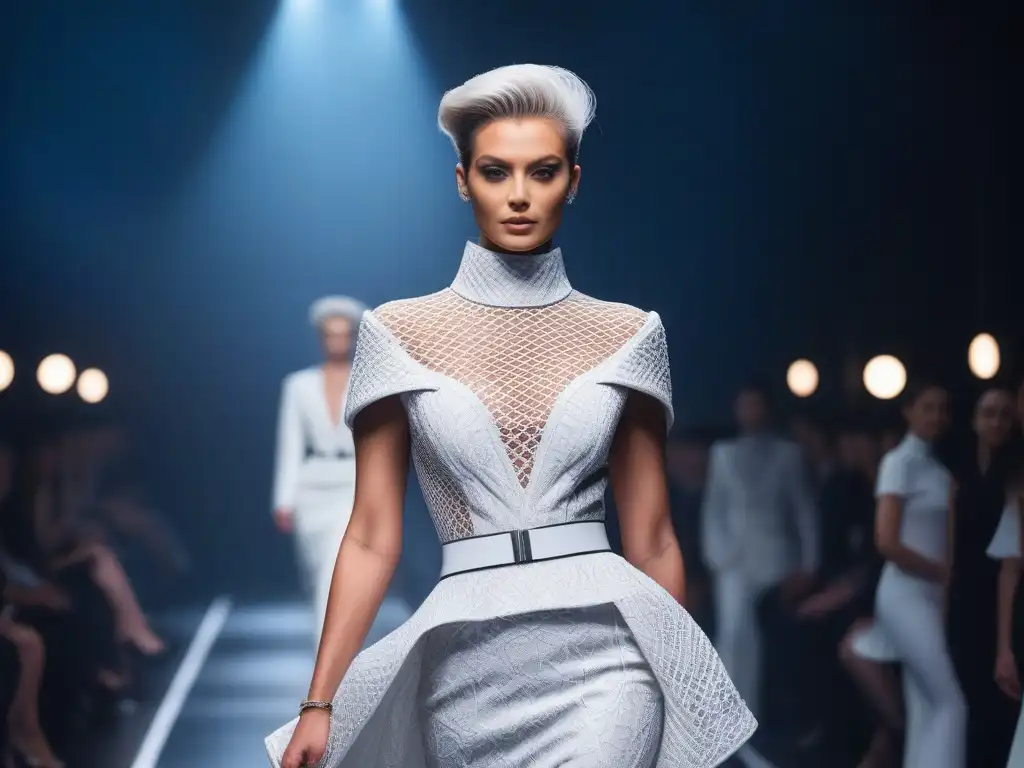 Desfile futurista con modelo senior elegante y vanguardista Un desfile futurista con un modelo senior elegante y sofisticado, luciendo diseños innovadores