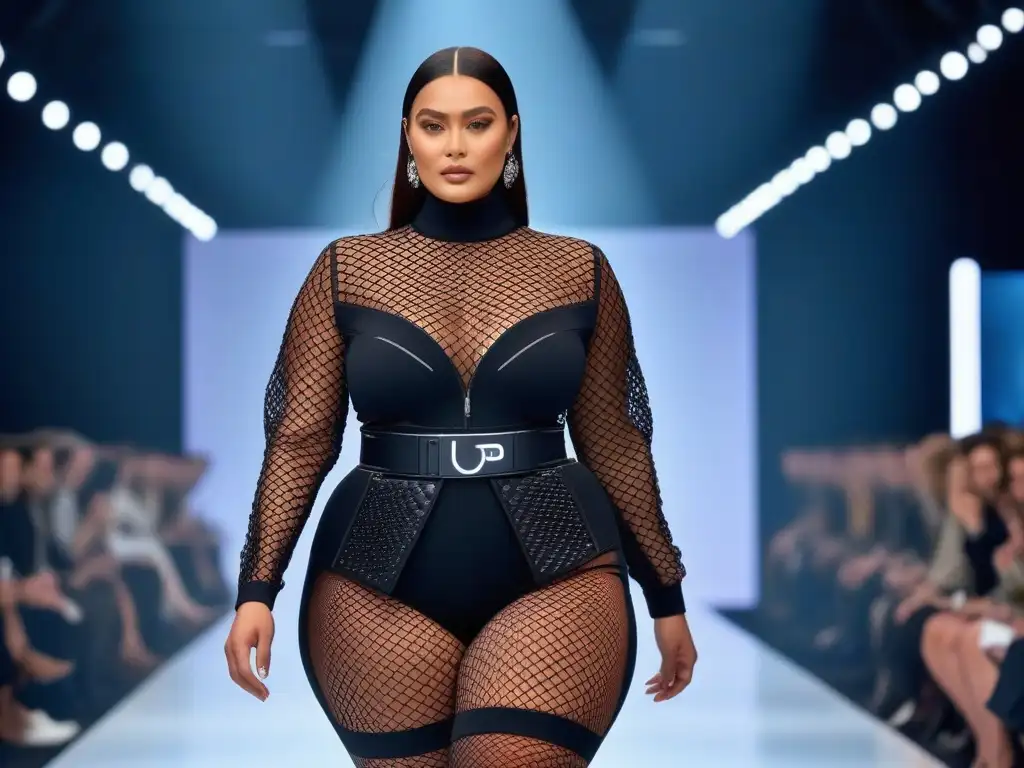 Modelo plus size deslumbrante en pasarela futurista con tecnología wearable de vanguardia Un desfile futurista con una modelo de tallas grandes luciendo un gadget de moda innovador