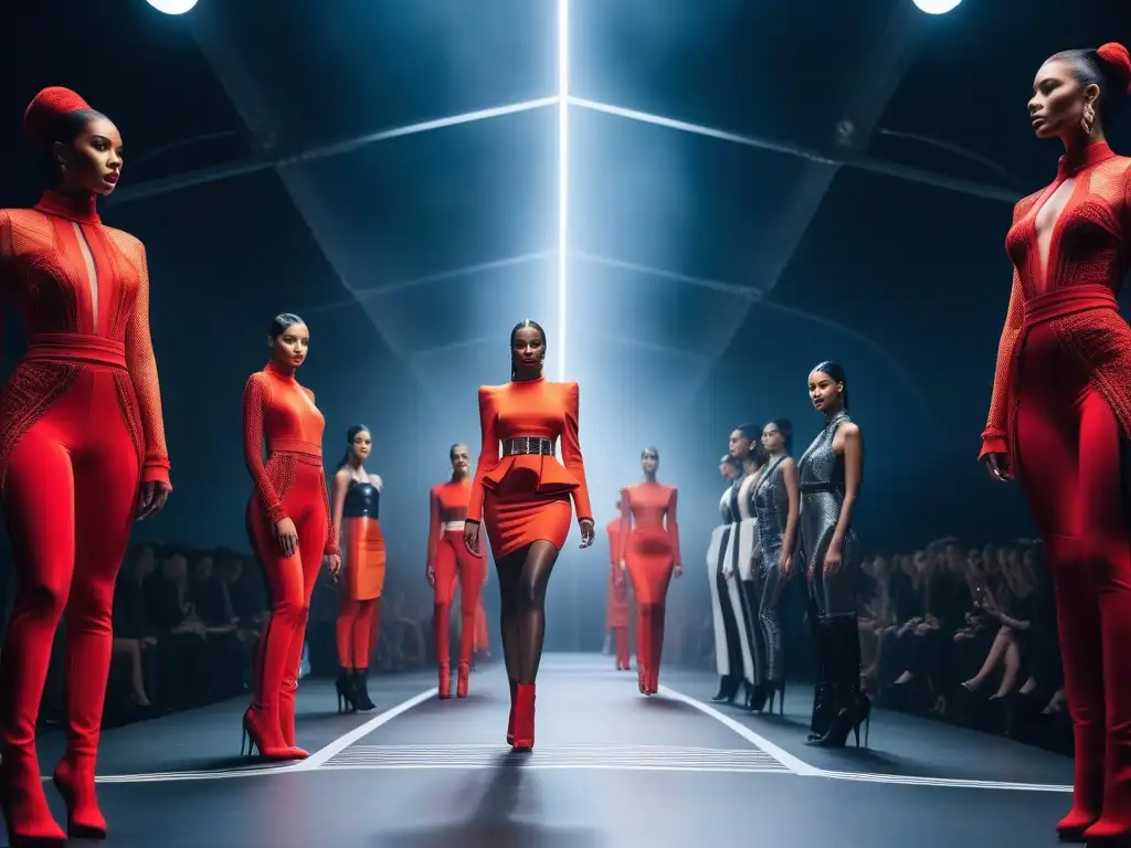 Desfile futurista de moda para cuerpos altos: empoderamiento y estilo Un desfile futurista con modelos altos y seguros luciendo diseños de moda para cuerpos tall, rodeados de arquitectura audaz