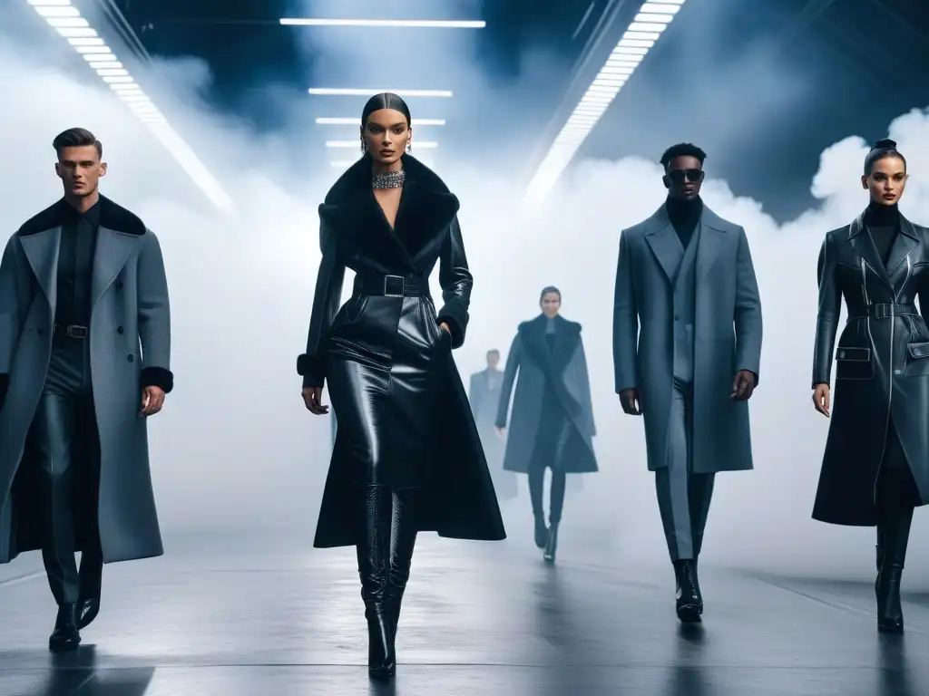 Desfile de moda futurista: elegancia y vanguardia en pasarela 2023 Un desfile futurista de modelos altos y elegantes luciendo tendencias moda 2023, irradiando confianza y estilo