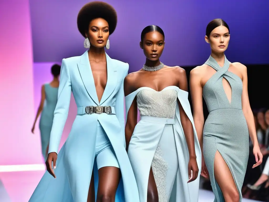 Desfile de moda: elegancia y empoderamiento de modelos altos Un desfile futurista de modelos altos de diferentes etnias y estilos, proyectando confianza y empoderamiento