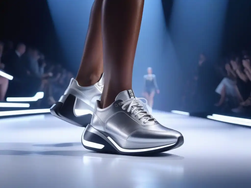 Desfile futurista: zapatos innovadores para todos Un desfile futurista de modelos con calzado innovador para diferentes tallas, en una pasarela iluminada