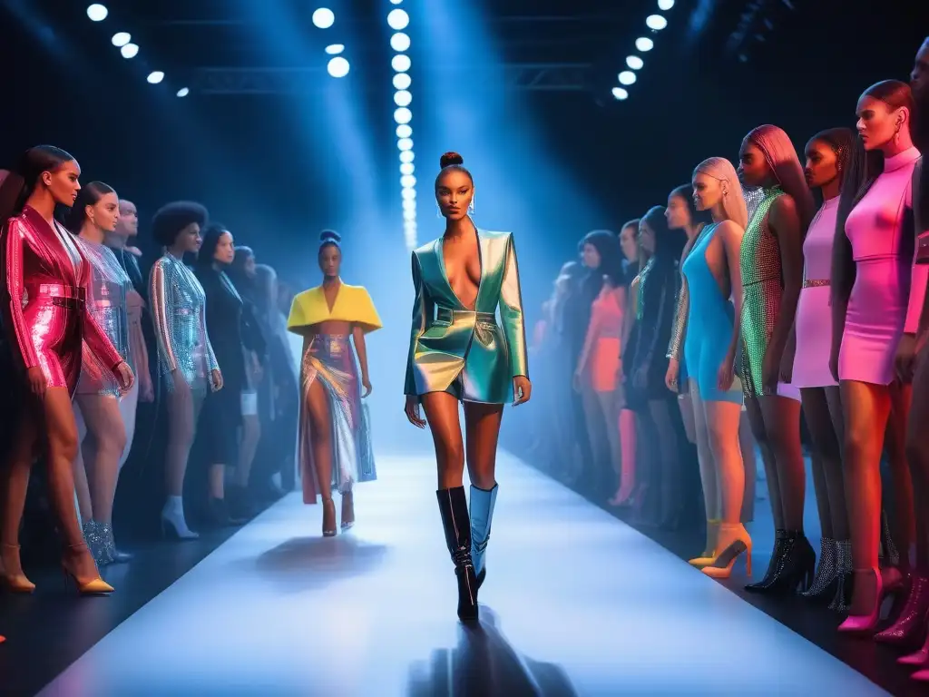 Desfile futurista: diversidad y autoexpresión en la moda Desfile futurista con modelos diversos exhibiendo diseño de moda inclusivo en pasarela brillante y neon