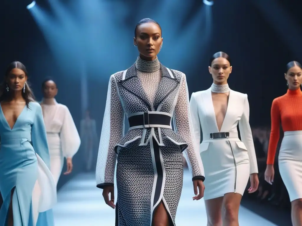 Desfile de moda inclusiva y sostenible en pasarela futurista Un desfile futurista con modelos diversificados luciendo prendas innovadoras y sostenibles de marcas de moda inclusivas reconocidas