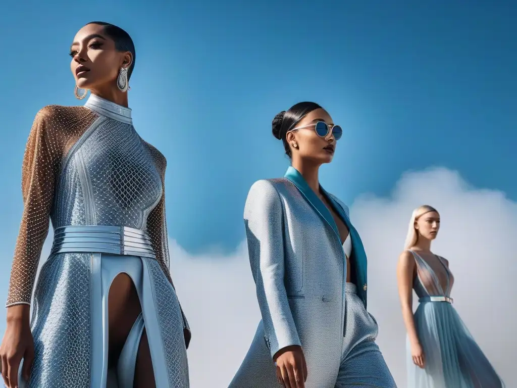 Desfile inclusivo: moda diversa en pasarela futurista Un desfile futurista con modelos diversos y diseños inclusivos en la moda impactante