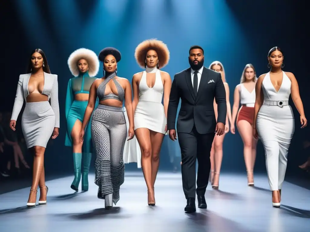 Pasarela inclusiva: moda diversa y empoderada Desfile futurista de modelos diversos en una pasarela, mostrando moda inclusiva