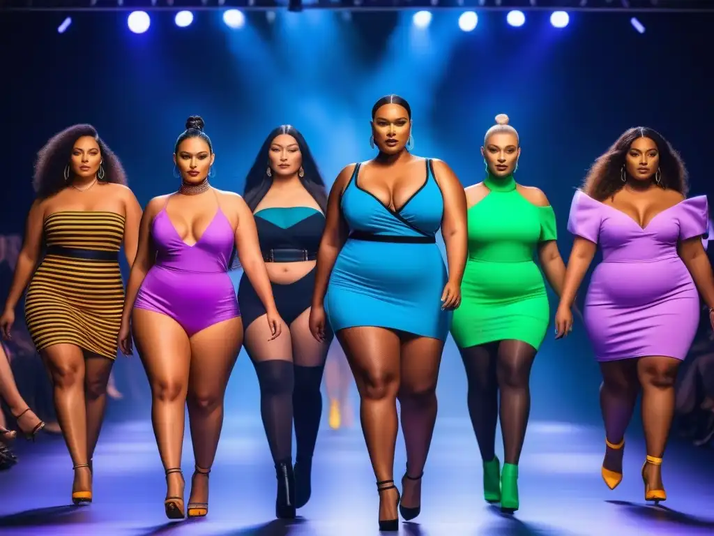 Desfile de moda plus size inclusivo y moderno Un desfile futurista de moda plus size con modelos diversos en pasarelas moda plus size adaptación