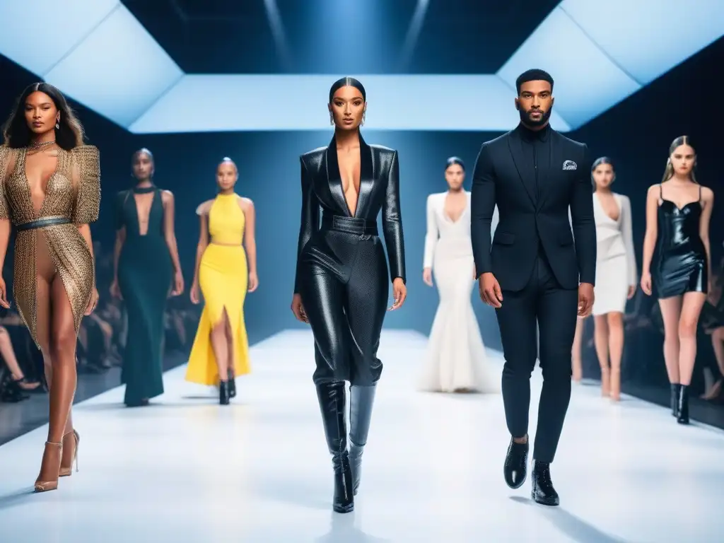 Un desfile futurista de modelos diversos en un ambiente moderno, mostrando diseños de moda inclusivos con estilo y confianza