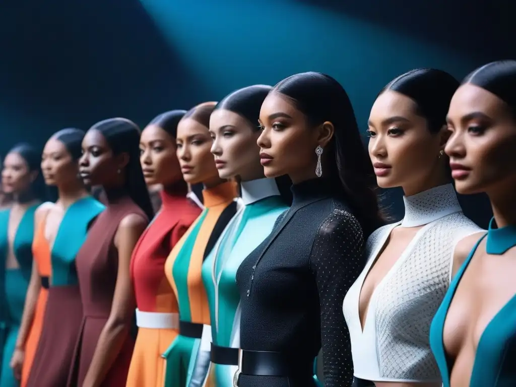 Desfile de moda tech inclusivo: fusión de tecnología y diversidad Desfile futurista de modelos de diversas etnias y capacidades, luciendo marcas gadgets moda inclusivas éxito en pasarela elegante