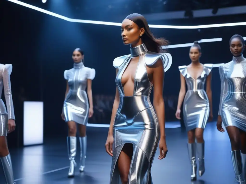 Desfile tecnológico de moda: fusión vanguardista de estilo y tecnología Un desfile futurista de modelos con innovaciones wearables moda inclusiva