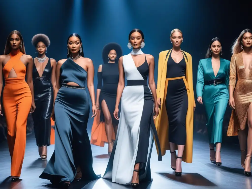 Desfile inclusivo: moda vibrante y diversidad en la pasarela Un desfile futurista con modelos diversos mostrando marcas de moda inclusiva exitosas