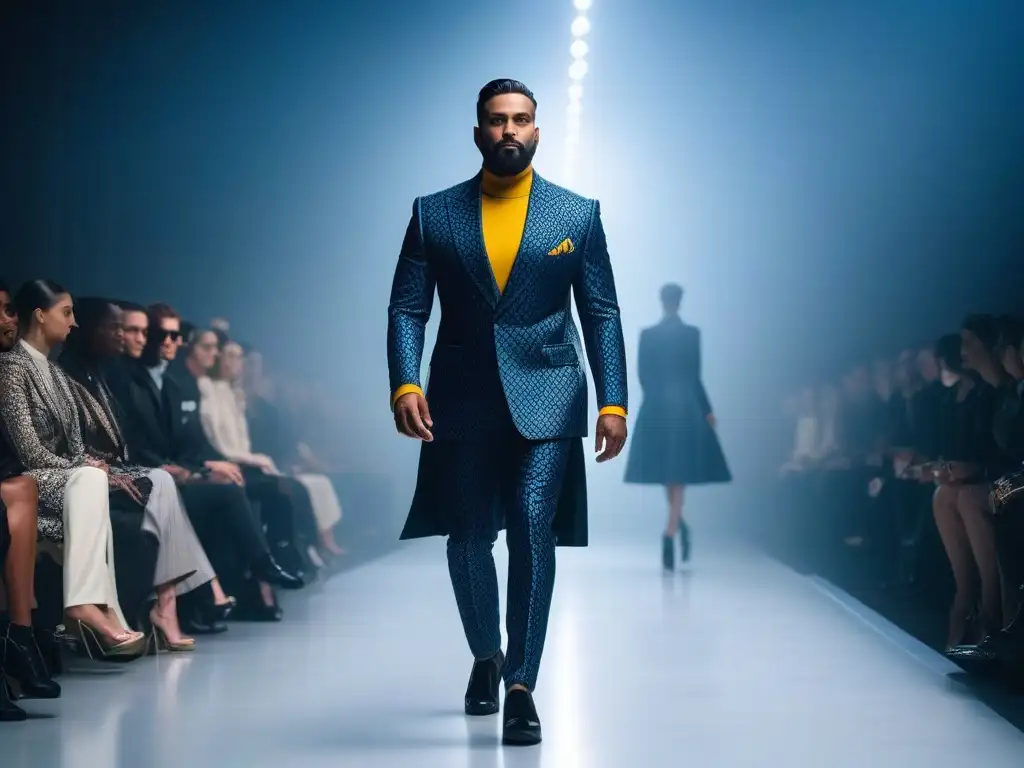 Desfile de moda futurista: innovación y diversidad en pasarela Un desfile futurista con modelos diversos luciendo marcas de moda adaptativa inclusiva en una pasarela minimalista y brillante