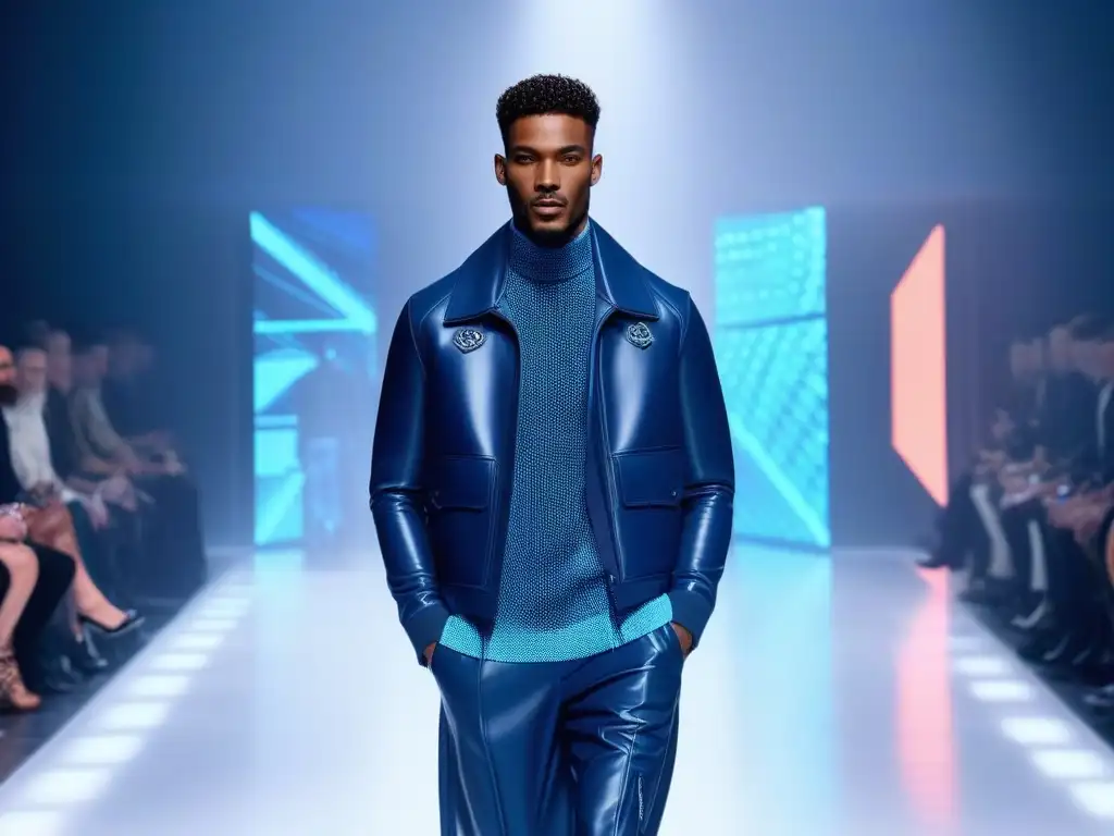 Desfile futurista: moda inclusiva y tecnológica para hombres Un desfile futurista con modelos masculinos diversos, vistiendo moda tecnológica, irradiando estilo y confianza