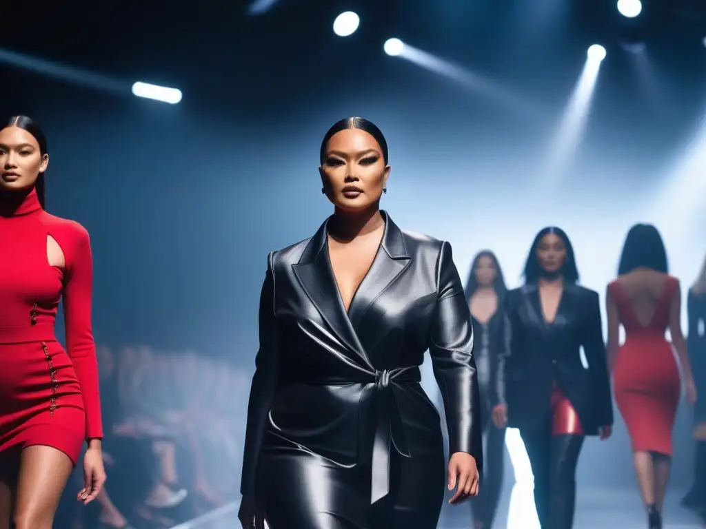 Desfile inclusivo: moda vanguardista con modelos diversos Desfile futurista con modelos diversos luciendo moda inclusiva reimaginada en una pasarela vanguardista