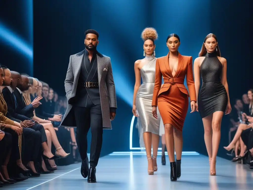Desfile inclusivo: moda tecnológica para la diversidad Un desfile futurista con modelos diversos mostrando moda inclusiva