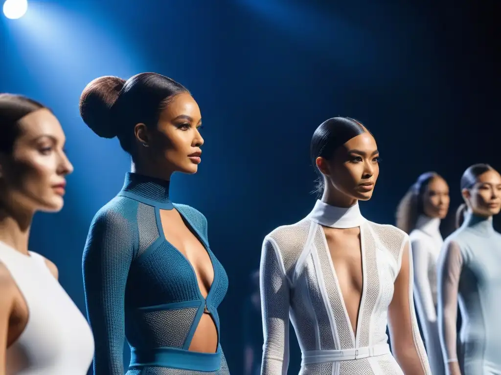 Desfile futurista de moda inclusiva en pasarela ultradetallada Un desfile futurista con modelos diversos, vistiendo moda inclusiva de tecnología en tejidos adaptativos