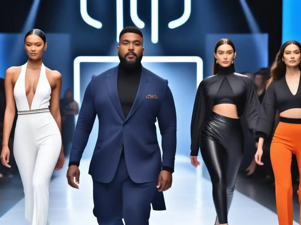 Desfile futurista: moda adaptable para todos los estilos y tallas Un desfile futurista de modelos diversos luciendo moda adaptativa para todas tallas