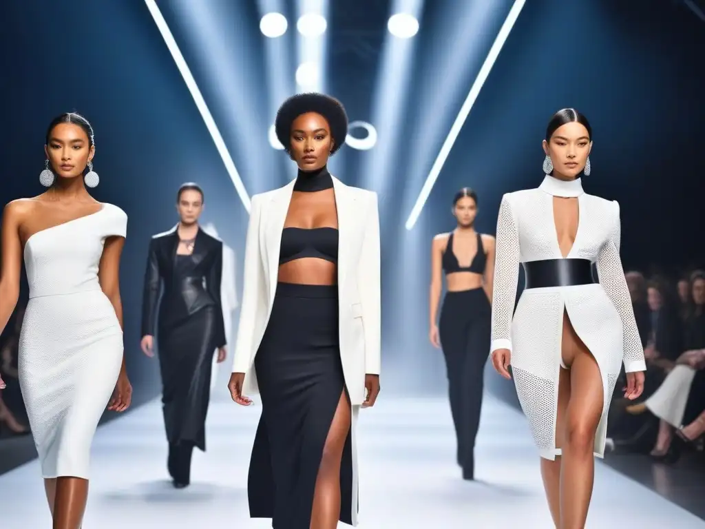 Pasarela futurista: moda personalizada en 3D con modelos diversos Desfile futurista de modelos de moda diversos luciendo prendas 3D personalizadas